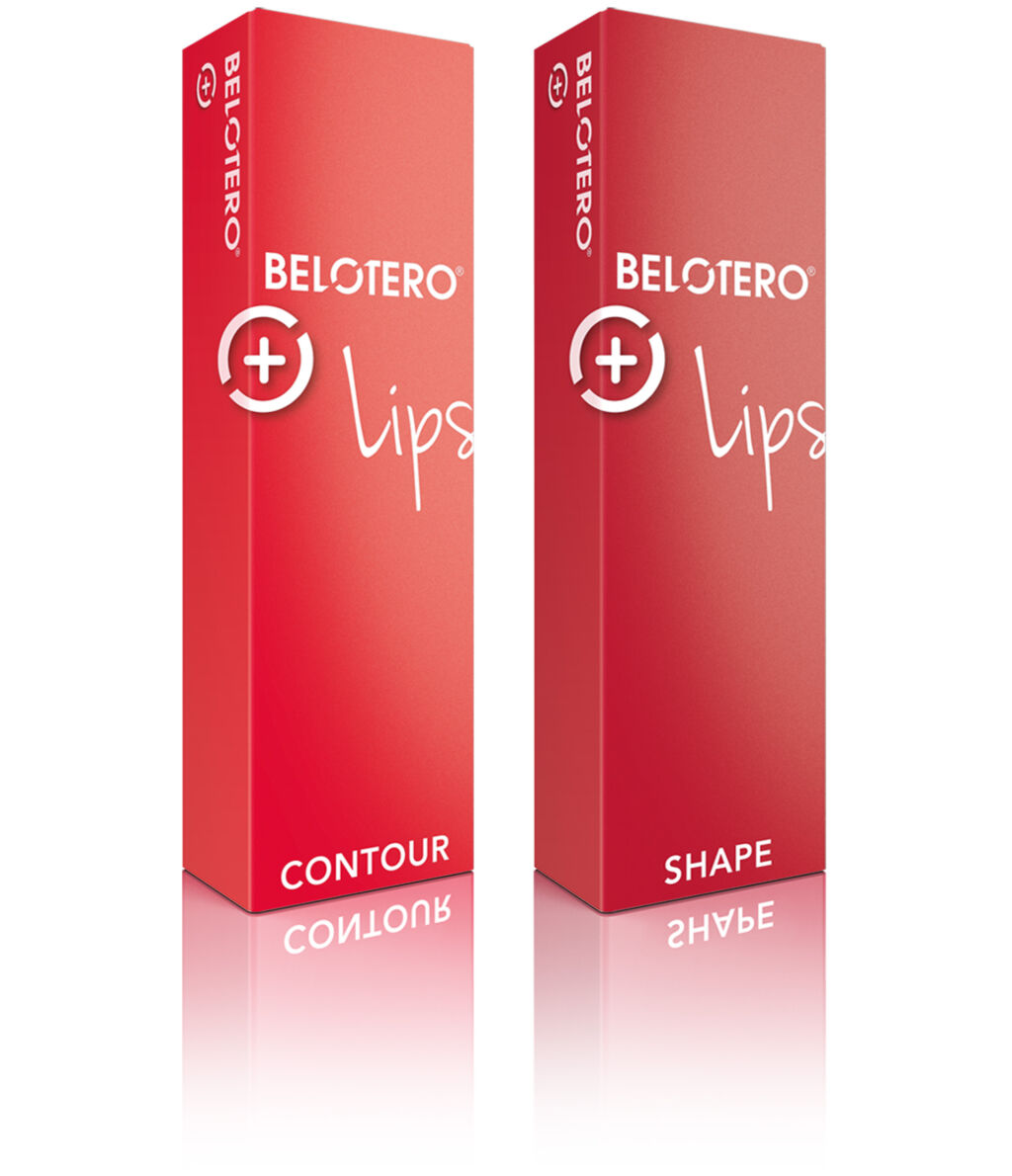 Rote Verpackungen der Belotero® lips-Produkte.